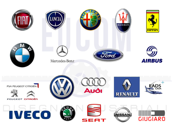 FIAT, Lancia, Alfa Romeo, Maserati, Ferrari, BMW, Mercedes-Benz, Ford, Airbus, PSA Peugeot Citroën, Volkswagen, Audi, Renault, EADS Casa, Iveco, Skoda, Seat, Nissan, Giugiaro